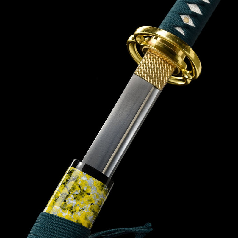 Handmade Japanese Katana Sword 1060 Carbon Steel With Musashi Tsuba Green Gold