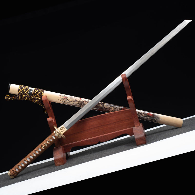 Handmade Chokuto Ninjato Straight Sword Folded Damascus Steel Blade Flower