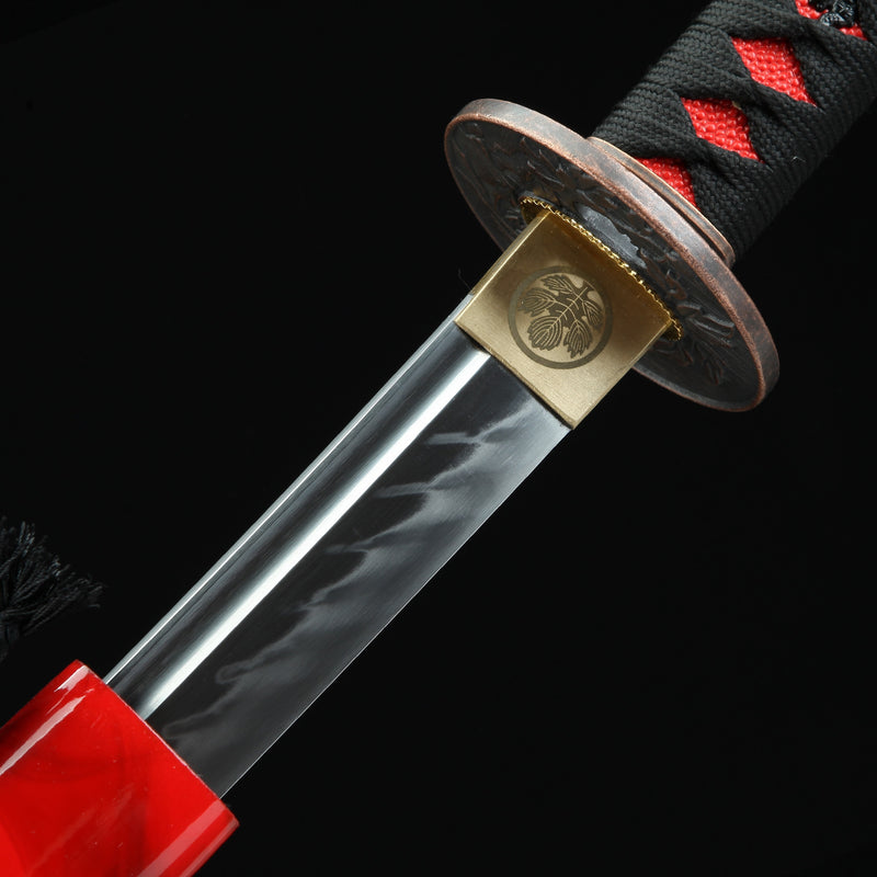 Handmade Japanese Sword T10 Folded Clay Tempered Steel With Red Scabbard