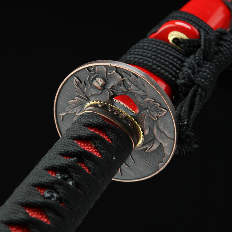 Handmade Japanese Sword T10 Folded Clay Tempered Steel With Red Scabbard