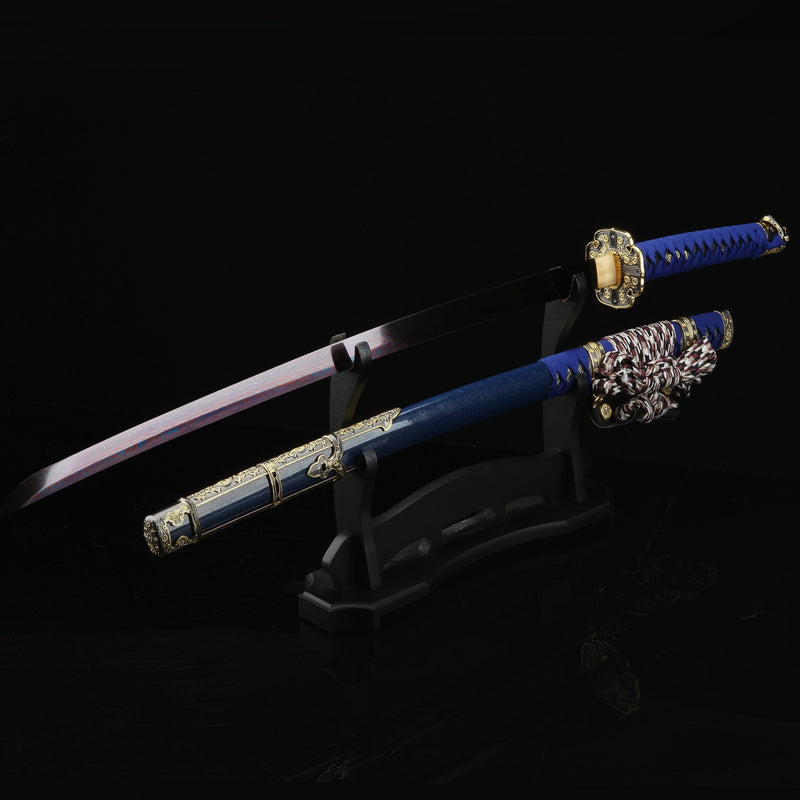 Japanese Tachi Odachi Sword With Damascus Steel With Blue Scabbard