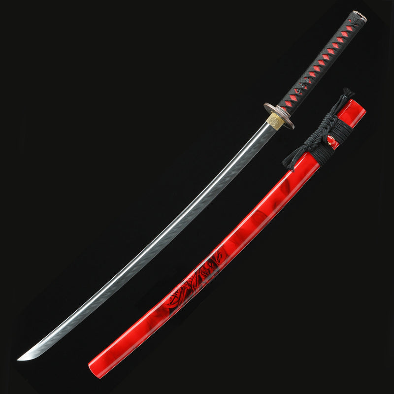 Handmade Japanese Sword T10 Folded Clay Tempered Steel With Red Scabbard