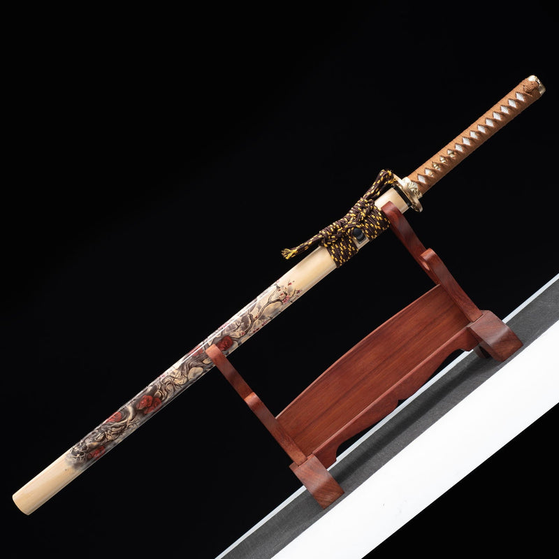 Handmade Chokuto Ninjato Straight Sword Folded Damascus Steel Blade Flower