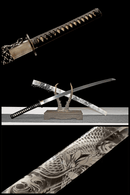A katana with a T10 steel blade featuring a Koi fish design, a full wooden handle with a black and white pattern, and a decorative sheath.