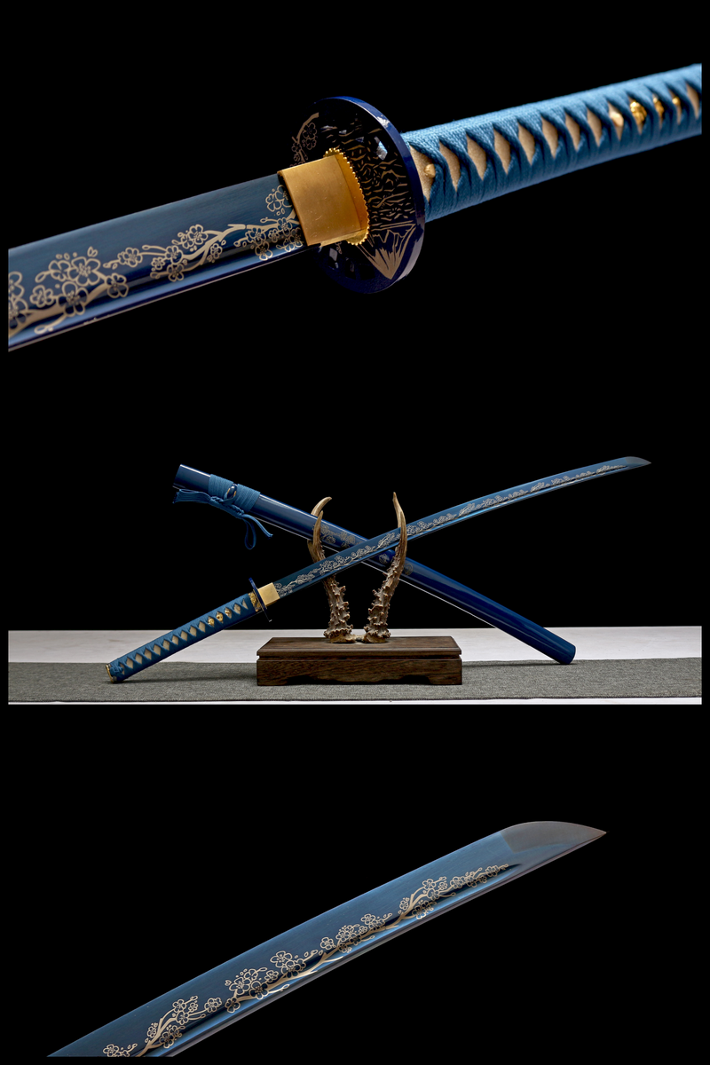 Handmade 1045 Steel Katana Sword Featuring a Unique Blue Pattern