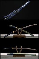 Handmade Damascus steel katana samurai sword with a blue special edge finish