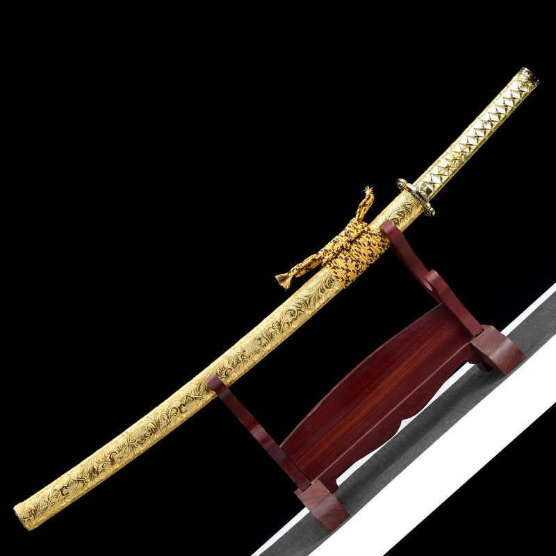 Handmade Japanese Samurai Katana Sword High Manganese Steel With Golden Blade And Scabbard