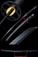 A collage of four images showcasing different aspects of a handmade Japanese sword. The images display the sword's blade, handle, tsuba, and scabbard, all wrapped in black.