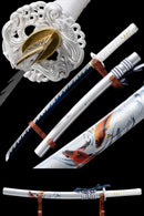 A detailed image of a Wakizashi sword with a blue blade and silver scabbard, including close-ups of the blade's design and the sword overall.