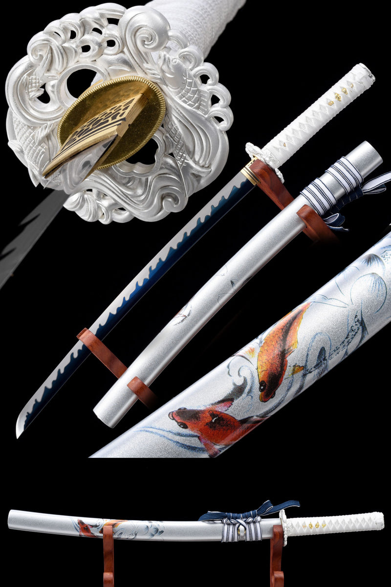 Handmade Japanese Wakizashi Sword High Manganese Steel With Blue Blade And Silver Scabbard