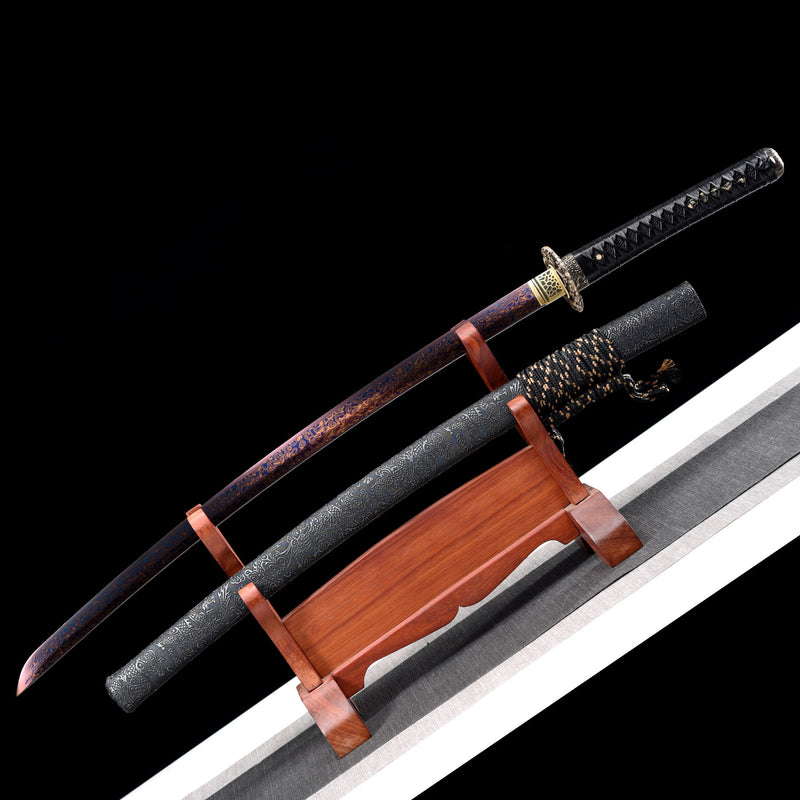 Handmade Red Blade Japanese Sword Folded Damascus Steel Katana