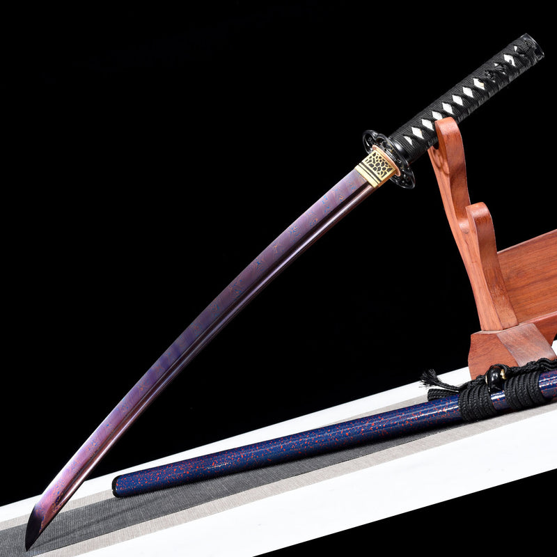 Handmade Damascus Folded Steel Real Japanese Wakizashi Sword With Purple Blade