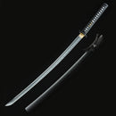 Handcrafted Japanese katana featuring a sharp 1060 carbon steel blade and black scabbard