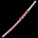 Japanese katana sword with a vibrant red blade, handmade with a matching scabbard