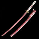 Japanese katana sword, handcrafted with a red blade and detailed red scabbard