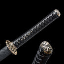 Premium Japanese katana sword with a red folded Damascus steel blade, handmade for enthusiasts.