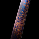 Red blade Japanese katana sword made from high-quality folded Damascus steel, handmade with car