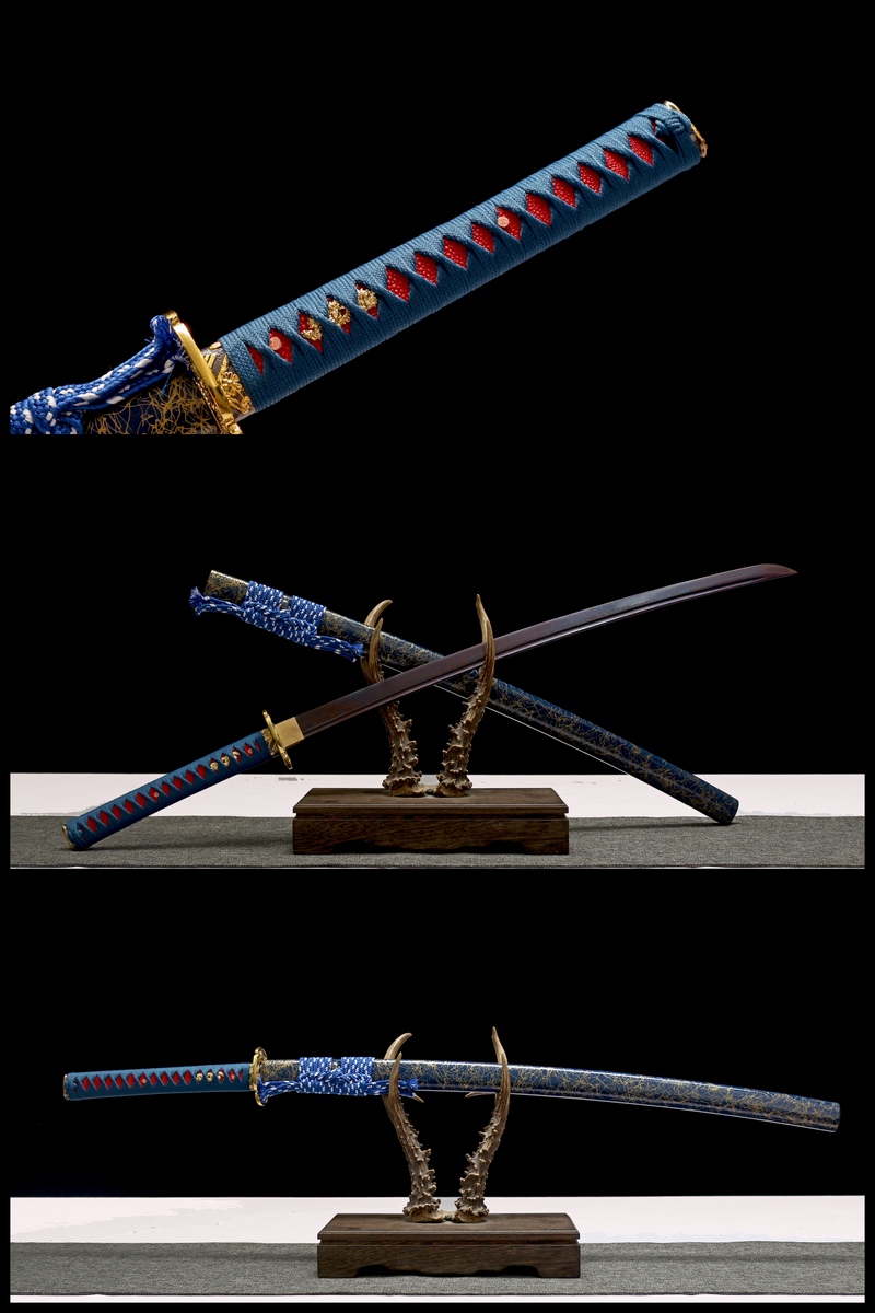 Hand Made High Quality Damascus Steel Katana Blue and Red