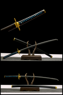 Muichiro Tokito sword featuring a mist-inspired sleek katana with blue rayskin handle and ornate tsuba design, ideal for cosplay and collection.