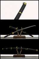 one piece roronoa zoro yubashiri katana sword displayed on stand, black handle, sleek polished blade, elegant design