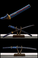 Hand Made High Quality Damascus Steel Katana Blue and Red - Kanu Swords