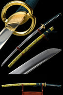 Handmade Japanese Katana Sword 1060 Carbon Steel With Musashi Tsuba Green Gold - Kanu Swords