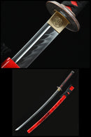 Handmade Japanese Sword T10 Folded Clay Tempered Steel With Red Scabbard - Kanu Swords