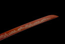 Handcrafted high-quality red katana sword with floral pattern on T10 steel blade.