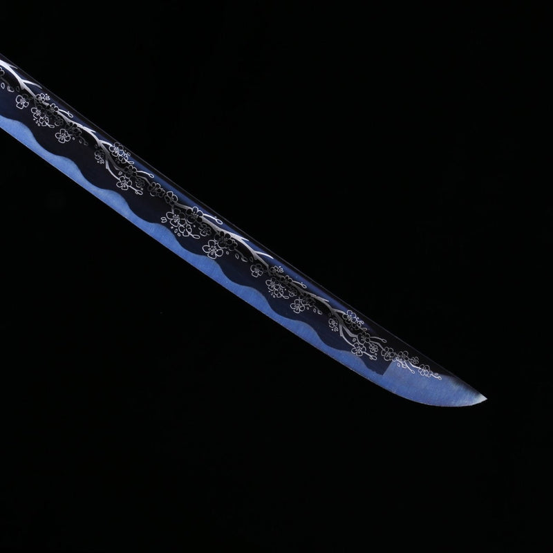 Samurai sword crafted from 1045 steel, featuring an elegant blue pattern and handmade quality.