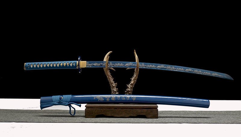 Authentic 1045 Carbon Steel katana with a distinctive blue pattern, perfect for sword lovers and collectors