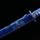 Beautifully crafted 1045 samurai sword with a blue-patterned blade and authentic katana style