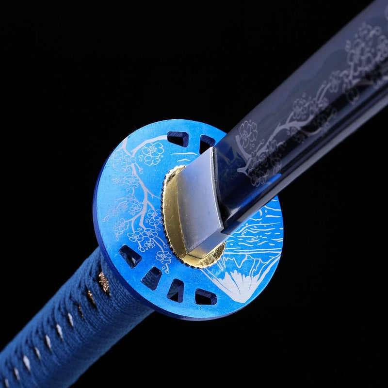 Exquisite samurai sword made from 1045 steel, featuring a detailed blue pattern on the blade