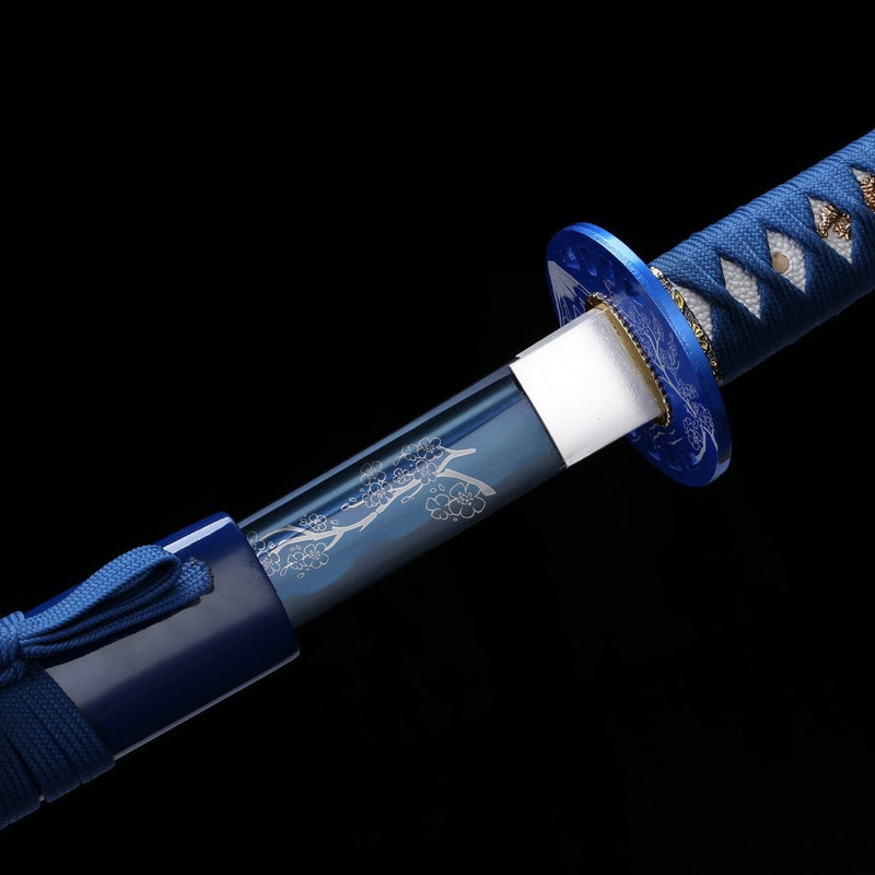 Handmade 1045 Steel Katana Sword Featuring a Unique Blue Pattern