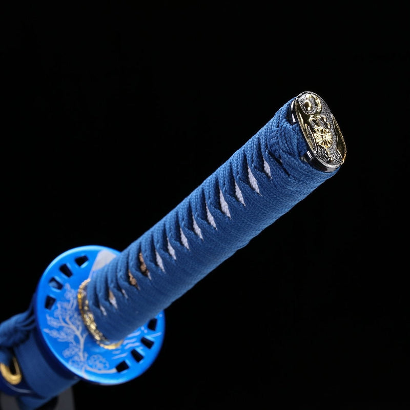 High-quality katana made from 1045 steel with a decorative blue pattern, perfect for cosplay or display