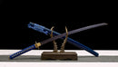 High-quality Japanese katana featuring a striking blue Damascus steel blade