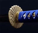 High-quality katana sword with a unique blue Damascus steel blade, handmade in Japanese style.