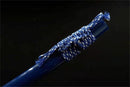Handmade Japanese katana sword featuring an elegant blue Damascus steel blade