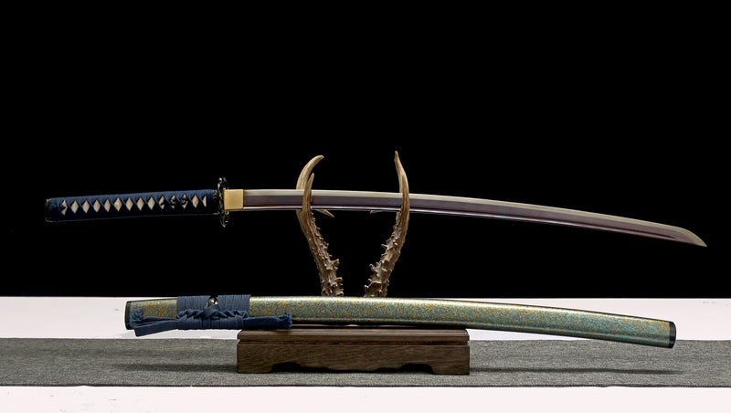 Beautifully crafted Damascus steel samurai sword with a unique blue special edge