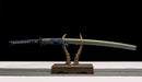 Handmade katana samurai sword with Damascus steel and a distinctive blue special edge