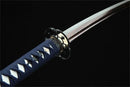 High-quality samurai sword made from Damascus steel with a vibrant blue special edge