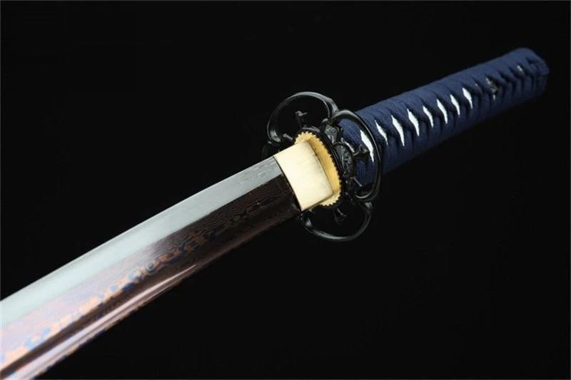 Exquisite Damascus steel katana featuring a unique blue special edge, handmade with care
