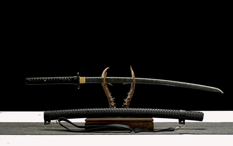 Black wolf katana crafted from high-quality T10 steel in traditional Japanese style