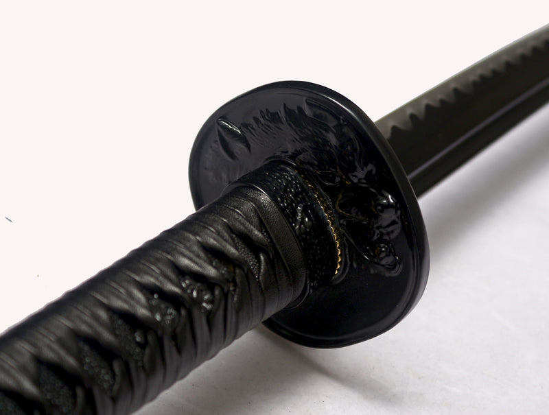 Exquisite handmade Japanese katana sword in T10 steel with a black wolf-themed hilt