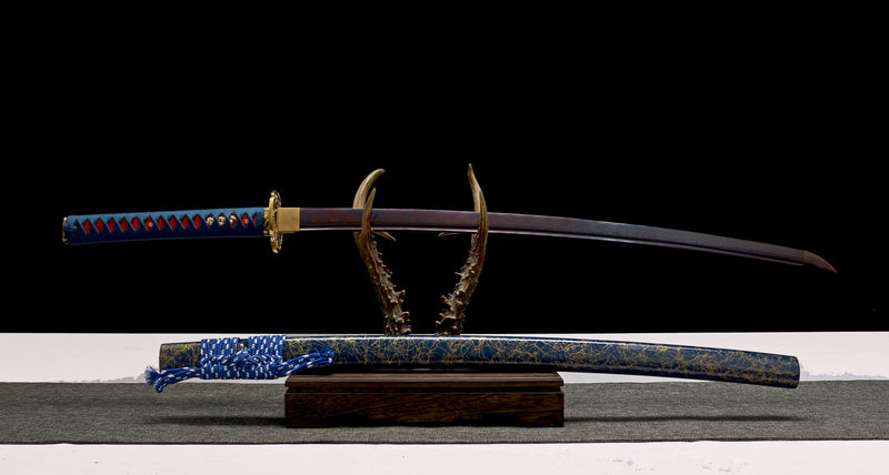 Hand Made High Quality Damascus Steel Katana Blue and Red