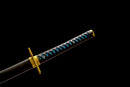Muichiro Tokito sword with black and blue handle, golden guard, and sleek design on a black background.