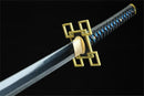 Muichiro Tokito sword with ornate golden tsuba and blue-black handle design.