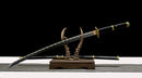 One Piece Roronoa Zoro Yubashiri Katana Sword replica on display stand with black polished blade and traditional wrapped handle.